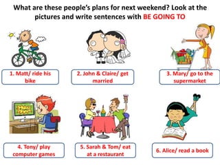 What are these people’s plans for next weekend? Look at the
pictures and write sentences with BE GOING TO
1. Matt/ ride his
bike
2. John & Claire/ get
married
3. Mary/ go to the
supermarket
4. Tony/ play
computer games
5. Sarah & Tom/ eat
at a restaurant
6. Alice/ read a book
 