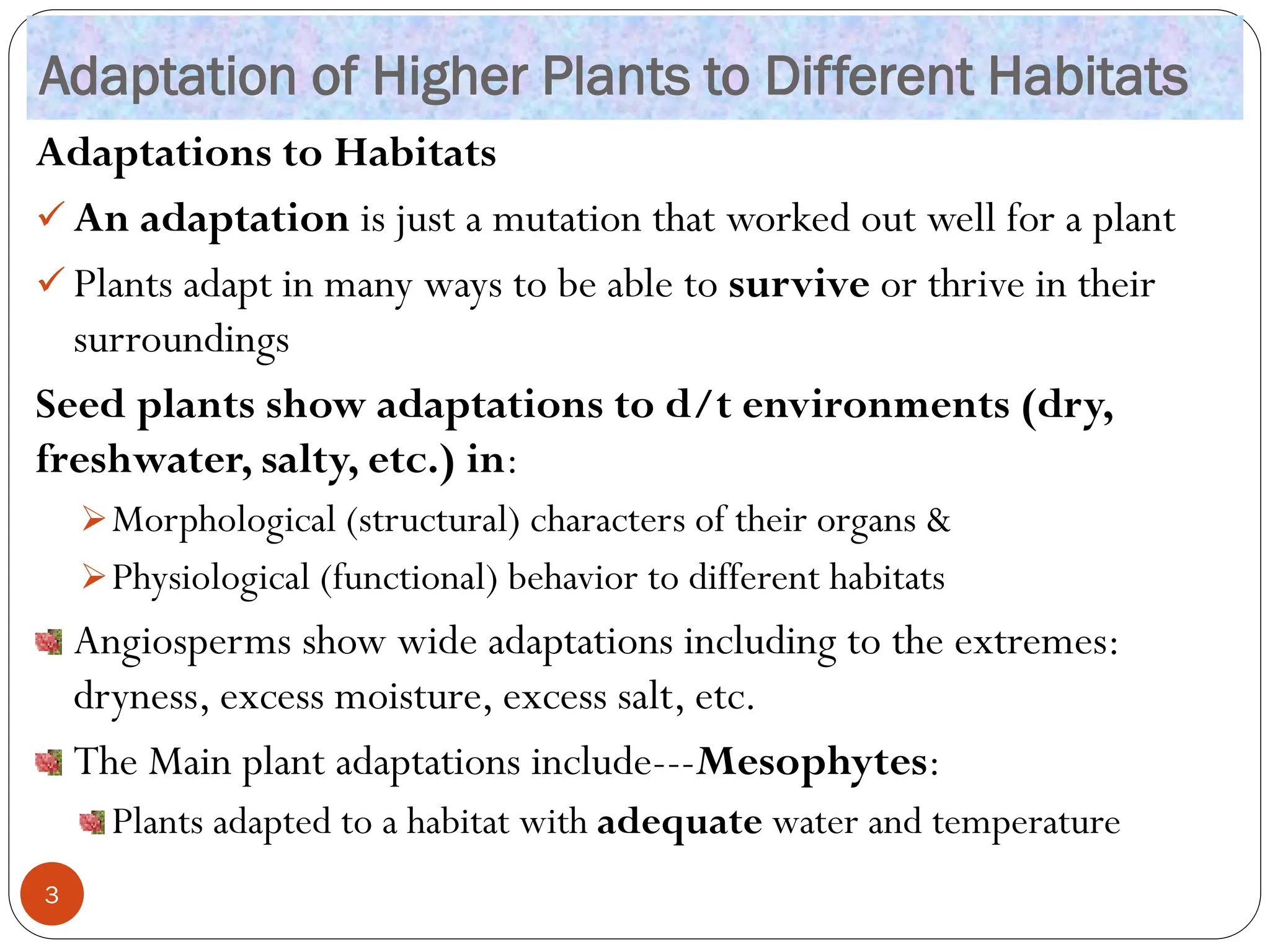 Adaptation of Higher Plants to Different Habitats
Adaptations to Habitats
✓ An adaptation is just a mutation that worked out well for a plant
✓ Plants adapt in many ways to be able to survive or thrive in their
surroundings
Seed plants show adaptations to d/t environments (dry,
freshwater, salty, etc.) in:
➢Morphological (structural) characters of their organs &
➢Physiological (functional) behavior to different habitats
Angiosperms show wide adaptations including to the extremes:
dryness, excess moisture, excess salt, etc.
The Main plant adaptations include---Mesophytes:
Plants adapted to a habitat with adequate water and temperature
3
 