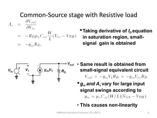 Common-Source stage with Resistive load
HARSHA.R Assistant Professor, ECE,UNIT 5 6
•Taking derivative of ID equation
in saturation region, small-
signal gain is obtained
• Same result is obtained from
small-signal equivalent circuit
•gm and Av vary for large input
signal swings according to
• This causes non-linearity
 