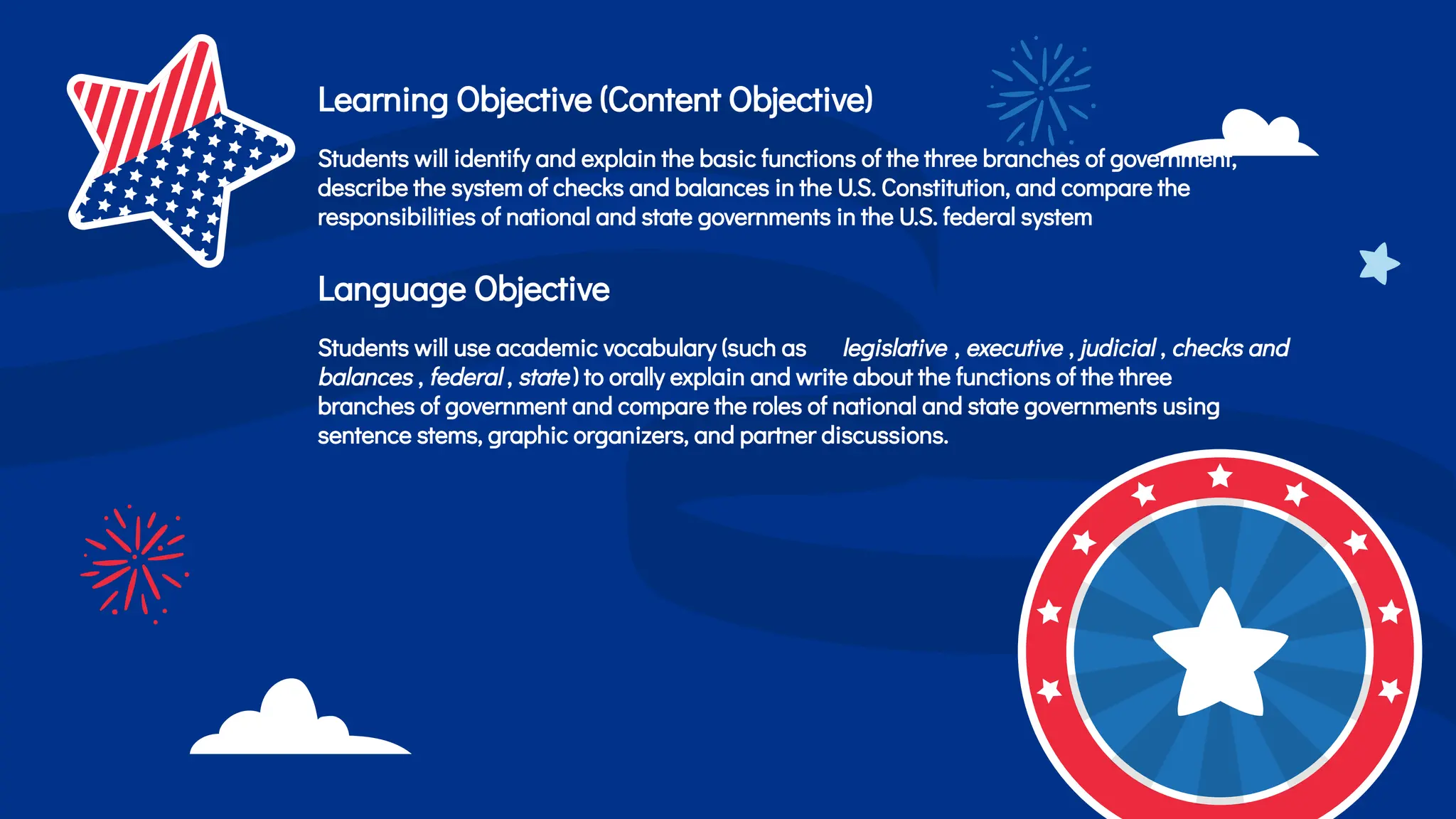Learning Objective (Content Objective)
Students will identify and explain the basic functions of the three branches of government,
describe the system of checks and balances in the U.S. Constitution, and compare the
responsibilities of national and state governments in the U.S. federal system
Language Objective
Students will use academic vocabulary (such as legislative , executive , judicial , checks and
balances , federal , state ) to orally explain and write about the functions of the three
branches of government and compare the roles of national and state governments using
sentence stems, graphic organizers, and partner discussions.
 