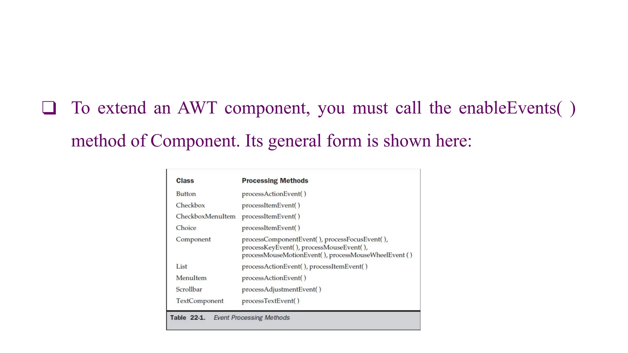❑ To extend an AWT component, you must call the enableEvents( )
method of Component. Its general form is shown here:
 