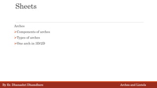 Sheets
Arches
Components of arches
Types of arches
One arch in 3D/2D
By Er. Dhanashri Dhamdhere Arches and Lintels
 