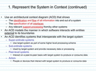 1. Represent the System in Context (continued)
• Use an architectural context diagram (ACD) that shows
– The identification and flow of all information into and out of a system
– The specification of all interfaces
– Any relevant support processing from/by other systems
• An ACD models the manner in which software interacts with entities
external to its boundaries
• An ACD identifies systems that interoperate with the target system
– Super-ordinate systems
• Use target system as part of some higher level processing scheme
– Sub-ordinate systems
• Used by target system and provide necessary data or processing
– Peer-level systems
• Interact on a peer-to-peer basis with target system to produce or consume data
– Actors
• People or devices that interact with target system to produce or consume data
 