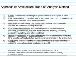 Approach B: Architecture Trade-off Analysis Method
1) Collect scenarios representing the system from the user's point of view
2) Elicit requirements, constraints, and environment description to be certain all
stakeholder concerns have been addressed
3) Describe the candidate architectural styles that have been chosen to
address the scenarios and requirements
4) Evaluate quality attributes by considering each attribute in isolation
(reliability, performance, security, maintainability, flexibility, testability,
portability, reusability, and interoperability)
5) Identify the sensitivity of quality attributes to various architectural attributes
for a specific architectural style by making small changes in the architecture
6) Critique the application of the candidate architectural styles (from step #3)
using the sensitivity analysis conducted in step #5
44
Based on the results of steps 5 and 6, some architecture alternatives may be
eliminated. Others will be modified and represented in more detail until a target
architecture is selected
 