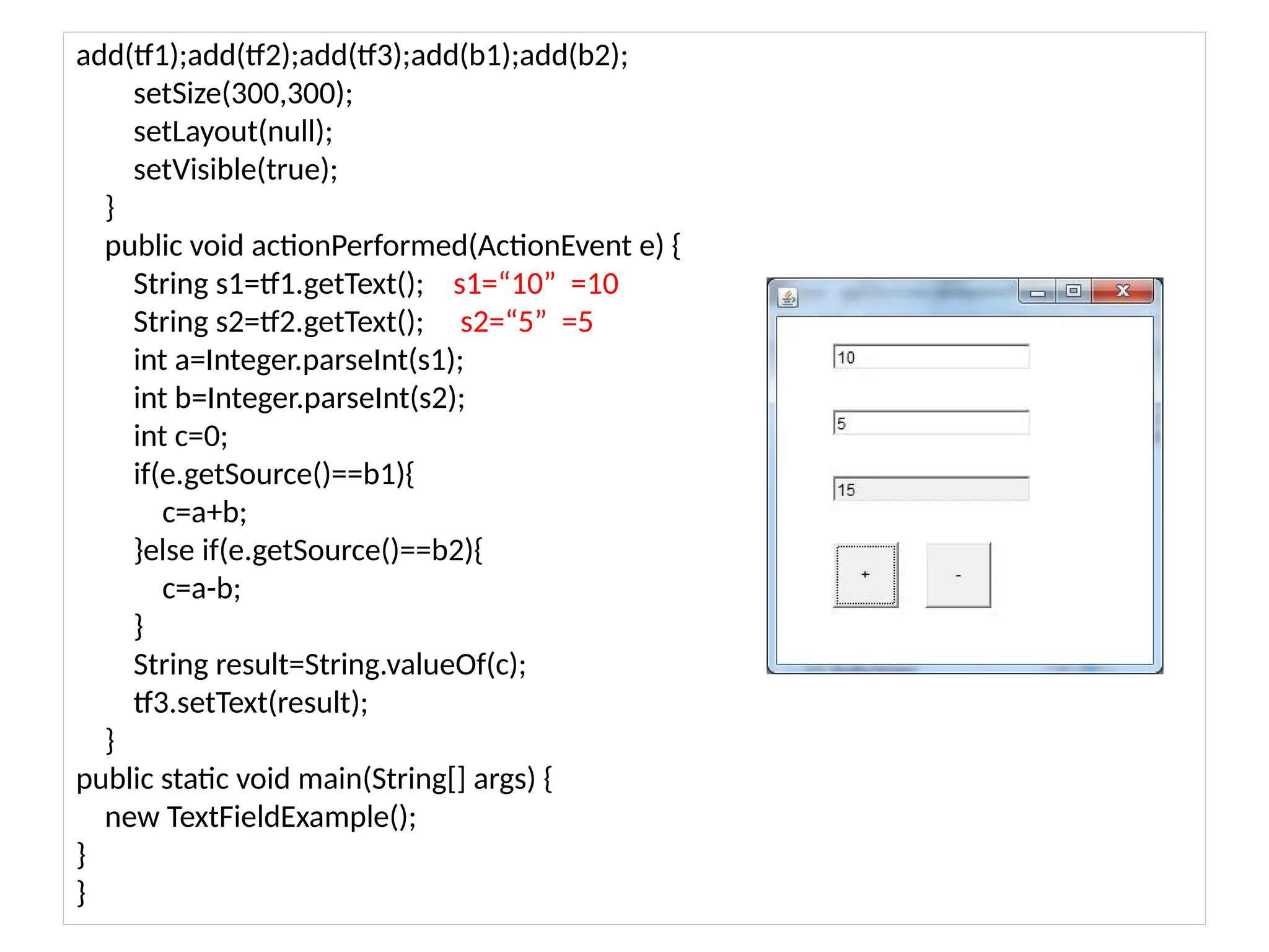 add(tf1);add(tf2);add(tf3);add(b1);add(b2);
setSize(300,300);
setLayout(null);
setVisible(true);
}
public void actionPerformed(ActionEvent e) {
String s1=tf1.getText(); s1=“10” =10
String s2=tf2.getText(); s2=“5” =5
int a=Integer.parseInt(s1);
int b=Integer.parseInt(s2);
int c=0;
if(e.getSource()==b1){
c=a+b;
}else if(e.getSource()==b2){
c=a-b;
}
String result=String.valueOf(c);
tf3.setText(result);
}
public static void main(String[] args) {
new TextFieldExample();
}
}
 