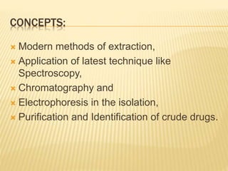 CONCEPTS:
 Modern methods of extraction,
 Application of latest technique like
Spectroscopy,
 Chromatography and
 Electrophoresis in the isolation,
 Purification and Identification of crude drugs.
 