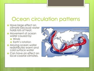 Ocean circulation patterns
 Have large effect on
climate because water
holds lots of heat.
 Movement of ocean
water caused by
 Winds
 Earth’s rotation
 Moving ocean water
redistributes warm and
cold surface water
 Can have an effect on
local coastal climates.
 