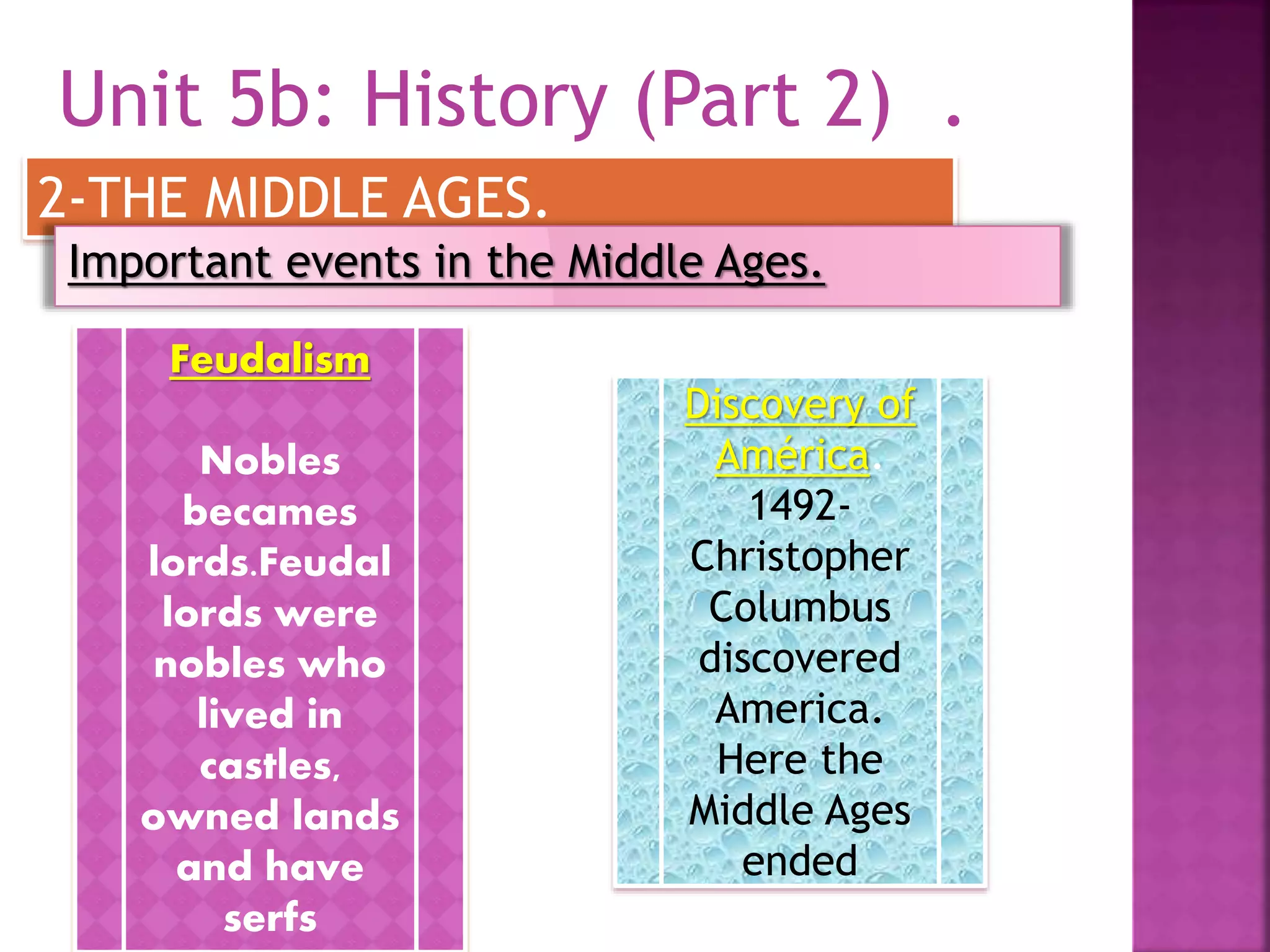 Unit 5b: History (Part 2) .
2-THE MIDDLE AGES.
Important events in the Middle Ages.
Feudalism
Nobles
becames
lords.Feudal
lords were
nobles who
lived in
castles,
owned lands
and have
serfs
Discovery of
América.
1492-
Christopher
Columbus
discovered
America.
Here the
Middle Ages
ended
 