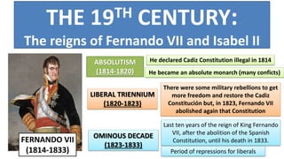 THE 19TH CENTURY:
The reigns of Fernando VII and Isabel II
FERNANDO VII
(1814-1833)
ABSOLUTISM
(1814-1820)
He declared Cadiz Constitution illegal in 1814
LIBERAL TRIENNIUM
(1820-1823)
He became an absolute monarch (many conficts)
There were some military rebellions to get
more freedom and restore the Cadiz
Constitución but, in 1823, Fernando VII
abolished again that Constitution
OMINOUS DECADE
(1823-1833)
Last ten years of the reign of King Fernando
VII, after the abolition of the Spanish
Constitution, until his death in 1833.
Period of repressions for liberals
 
