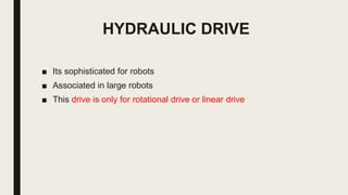 ■ Its sophisticated for robots
■ Associated in large robots
■ This drive is only for rotational drive or linear drive
HYDRAULIC DRIVE
 