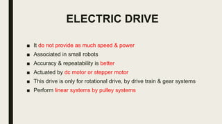 ■ It do not provide as much speed & power
■ Associated in small robots
■ Accuracy & repeatability is better
■ Actuated by dc motor or stepper motor
■ This drive is only for rotational drive, by drive train & gear systems
■ Perform linear systems by pulley systems
ELECTRIC DRIVE
 