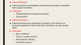 ■ Internal Sensors
■ Internal sensors use feedback information internally to ascertain
their present condition.
■ Examples:
– Potentiometers and optical encoders
– Tachometers
■ External Sensors
■ External sensors are physically mounted on the robot or on
process equipment in the robot cell so that they can be usually
seen.
■ Examples:
– Micro switches
– Touch or tactile sensors
– Photoelectric devices
– Proximity sensors
 