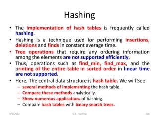 Hashing
• The implementation of hash tables is frequently called
hashing.
• Hashing is a technique used for performing insertions,
deletions and finds in constant average time.
• Tree operations that require any ordering information
among the elements are not supported efficiently.
• Thus, operations such as find_min, find_max, and the
printing of the entire table in sorted order in linear time
are not supported.
• Here, The central data structure is hash table. We will See
– several methods of implementing the hash table.
– Compare these methods analytically.
– Show numerous applications of hashing.
– Compare hash tables with binary search trees.
4/6/2022 5.3 _ Hashing 105
 