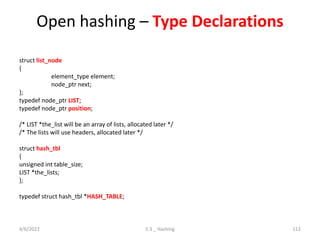 Open hashing – Type Declarations
struct list_node
{
element_type element;
node_ptr next;
};
typedef node_ptr LIST;
typedef node_ptr position;
/* LIST *the_list will be an array of lists, allocated later */
/* The lists will use headers, allocated later */
struct hash_tbl
{
unsigned int table_size;
LIST *the_lists;
};
typedef struct hash_tbl *HASH_TABLE;
4/6/2022 5.3 _ Hashing 112
 