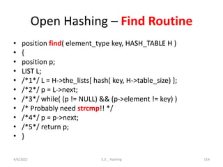 Open Hashing – Find Routine
• position find( element_type key, HASH_TABLE H )
• {
• position p;
• LIST L;
• /*1*/ L = H->the_lists[ hash( key, H->table_size) ];
• /*2*/ p = L->next;
• /*3*/ while( (p != NULL) && (p->element != key) )
• /* Probably need strcmp!! */
• /*4*/ p = p->next;
• /*5*/ return p;
• }
4/6/2022 5.3 _ Hashing 114
 