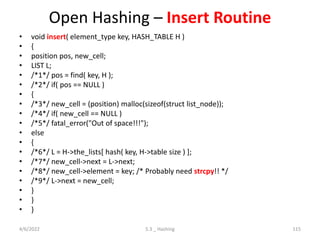 Open Hashing – Insert Routine
• void insert( element_type key, HASH_TABLE H )
• {
• position pos, new_cell;
• LIST L;
• /*1*/ pos = find( key, H );
• /*2*/ if( pos == NULL )
• {
• /*3*/ new_cell = (position) malloc(sizeof(struct list_node));
• /*4*/ if( new_cell == NULL )
• /*5*/ fatal_error("Out of space!!!");
• else
• {
• /*6*/ L = H->the_lists[ hash( key, H->table size ) ];
• /*7*/ new_cell->next = L->next;
• /*8*/ new_cell->element = key; /* Probably need strcpy!! */
• /*9*/ L->next = new_cell;
• }
• }
• }
4/6/2022 5.3 _ Hashing 115
 