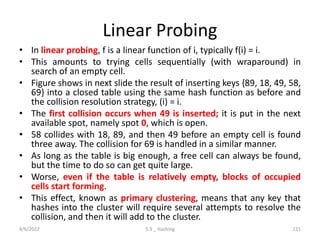 Linear Probing
• In linear probing, f is a linear function of i, typically f(i) = i.
• This amounts to trying cells sequentially (with wraparound) in
search of an empty cell.
• Figure shows in next slide the result of inserting keys {89, 18, 49, 58,
69} into a closed table using the same hash function as before and
the collision resolution strategy, (i) = i.
• The first collision occurs when 49 is inserted; it is put in the next
available spot, namely spot 0, which is open.
• 58 collides with 18, 89, and then 49 before an empty cell is found
three away. The collision for 69 is handled in a similar manner.
• As long as the table is big enough, a free cell can always be found,
but the time to do so can get quite large.
• Worse, even if the table is relatively empty, blocks of occupied
cells start forming.
• This effect, known as primary clustering, means that any key that
hashes into the cluster will require several attempts to resolve the
collision, and then it will add to the cluster.
4/6/2022 5.3 _ Hashing 121
 