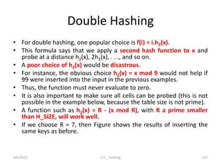 Double Hashing
4/6/2022 5.3 _ Hashing 131
• For double hashing, one popular choice is f(i) = i.h2(x).
• This formula says that we apply a second hash function to x and
probe at a distance h2(x), 2h2(x), . . ., and so on.
• A poor choice of h2(x) would be disastrous.
• For instance, the obvious choice h2(x) = x mod 9 would not help if
99 were inserted into the input in the previous examples.
• Thus, the function must never evaluate to zero.
• It is also important to make sure all cells can be probed (this is not
possible in the example below, because the table size is not prime).
• A function such as h2(x) = R - (x mod R), with R a prime smaller
than H_SIZE, will work well.
• If we choose R = 7, then Figure shows the results of inserting the
same keys as before.
 
