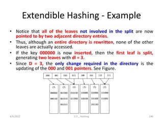 Extendible Hashing - Example
• Notice that all of the leaves not involved in the split are now
pointed to by two adjacent directory entries.
• Thus, although an entire directory is rewritten, none of the other
leaves are actually accessed.
• If the key 000000 is now inserted, then the first leaf is split,
generating two leaves with dl = 3.
• Since D = 3, the only change required in the directory is the
updating of the 000 and 001 pointers. See Figure.
4/6/2022 5.3 _ Hashing 146
 