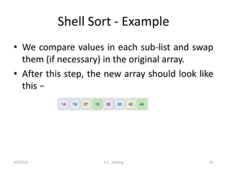 Shell Sort - Example
• We compare values in each sub-list and swap
them (if necessary) in the original array.
• After this step, the new array should look like
this −
4/6/2022 5.2 _ Sorting 45
 