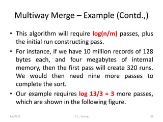 Multiway Merge – Example (Contd.,)
• This algorithm will require log(n/m) passes, plus
the initial run constructing pass.
• For instance, if we have 10 million records of 128
bytes each, and four megabytes of internal
memory, then the first pass will create 320 runs.
We would then need nine more passes to
complete the sort.
• Our example requires log 13/3 = 3 more passes,
which are shown in the following figure.
4/6/2022 5.2 _ Sorting 89
 