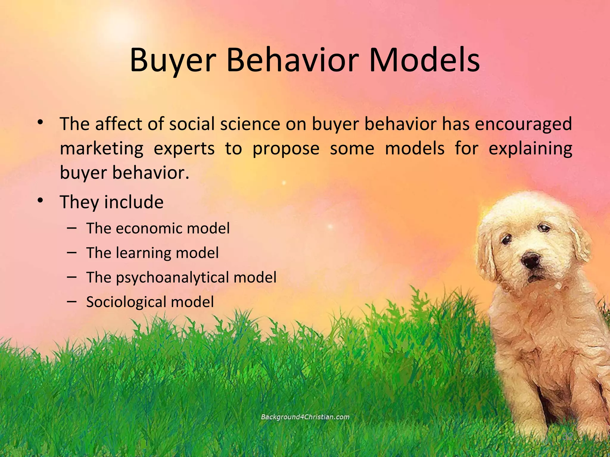 Buyer Behavior Models
• The affect of social science on buyer behavior has encouraged
  marketing experts to propose some models for explaining
  buyer behavior.
• They include
   –   The economic model
   –   The learning model
   –   The psychoanalytical model
   –   Sociological model




                                                             32
 