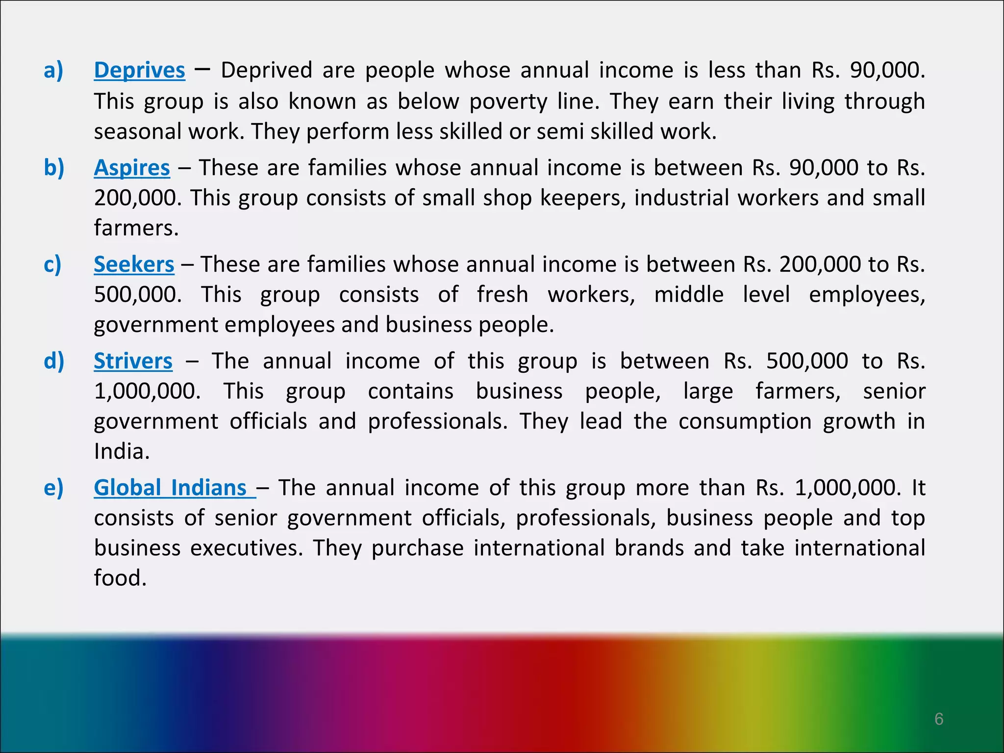 a)   Deprives – Deprived are people whose annual income is less than Rs. 90,000.
     This group is also known as below poverty line. They earn their living through
     seasonal work. They perform less skilled or semi skilled work.
b)   Aspires – These are families whose annual income is between Rs. 90,000 to Rs.
     200,000. This group consists of small shop keepers, industrial workers and small
     farmers.
c)   Seekers – These are families whose annual income is between Rs. 200,000 to Rs.
     500,000. This group consists of fresh workers, middle level employees,
     government employees and business people.
d)   Strivers – The annual income of this group is between Rs. 500,000 to Rs.
     1,000,000. This group contains business people, large farmers, senior
     government officials and professionals. They lead the consumption growth in
     India.
e)   Global Indians – The annual income of this group more than Rs. 1,000,000. It
     consists of senior government officials, professionals, business people and top
     business executives. They purchase international brands and take international
     food.




                                                                                        6
 