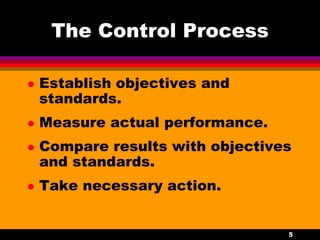 5
The Control Process
 Establish objectives and
standards.
 Measure actual performance.
 Compare results with objective...