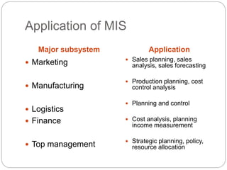 Application of MIS
Major subsystem Application
 Marketing
 Manufacturing
 Logistics
 Finance
 Top management
 Sales planning, sales
analysis, sales forecasting
 Production planning, cost
control analysis
 Planning and control
 Cost analysis, planning
income measurement
 Strategic planning, policy,
resource allocation
 