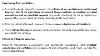 16
Easy Finance from Institutions:
a. Several structural changes like increased role of financial intermediaries and institutional
investors, size of the enterprises, investment choices available to investors, increased
competition, and increased risk exposure have made monitoring the use of capital more
complex thereby increasing the need of Good Corporate Governance.
b. Evidence indicates that well- governed companies receive higher market valuations.
c. The credit worthiness of a company can be trusted on the basis of corporate governance
practiced in the company.
Enhancing Enterprise Valuation:
Improved management accountability and operational transparency fulfill investors'
expectations and confidence on management and corporations, and return, increase the
value of corporations.
 