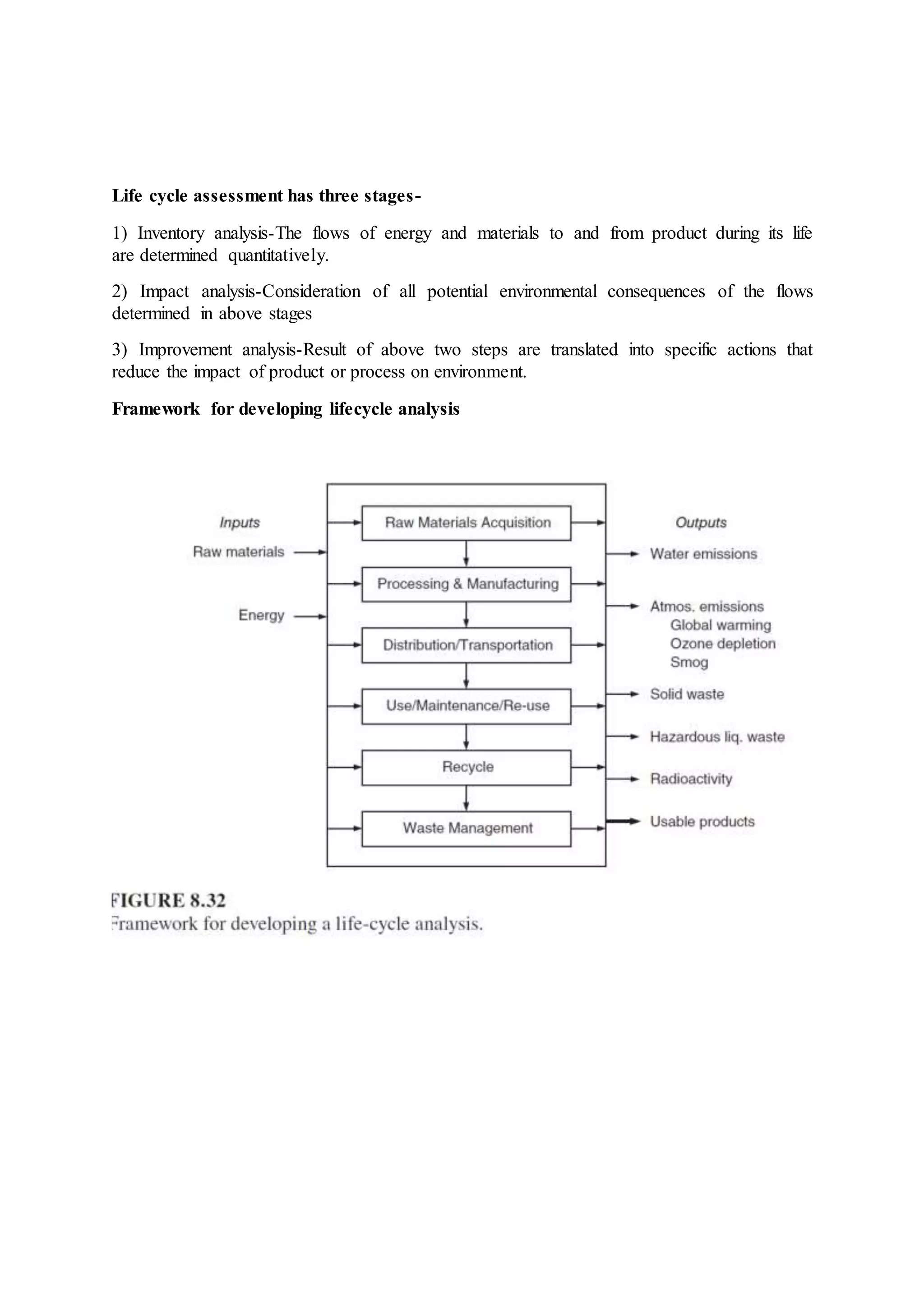 Life cycle assessment has three stages-
1) Inventory analysis-The flows of energy and materials to and from product during its life
are determined quantitatively.
2) Impact analysis-Consideration of all potential environmental consequences of the flows
determined in above stages
3) Improvement analysis-Result of above two steps are translated into specific actions that
reduce the impact of product or process on environment.
Framework for developing lifecycle analysis
 