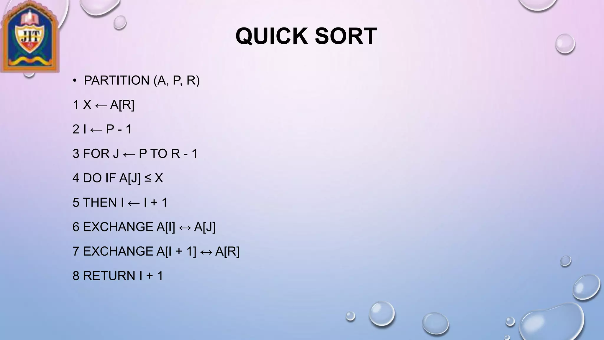 QUICK SORT
• PARTITION (A, P, R)
1 X ← A[R]
2 I ← P - 1
3 FOR J ← P TO R - 1
4 DO IF A[J] ≤ X
5 THEN I ← I + 1
6 EXCHANGE A[I] ↔ A[J]
7 EXCHANGE A[I + 1] ↔ A[R]
8 RETURN I + 1
 