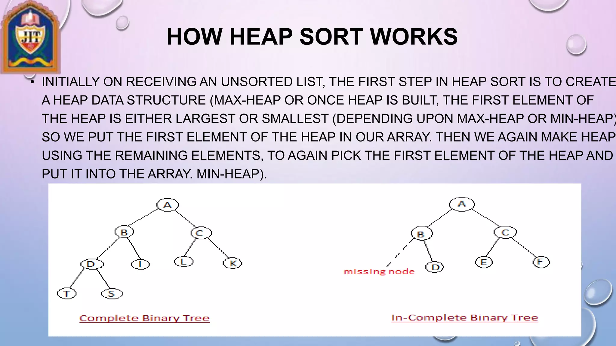 HOW HEAP SORT WORKS
• INITIALLY ON RECEIVING AN UNSORTED LIST, THE FIRST STEP IN HEAP SORT IS TO CREATE
A HEAP DATA STRUCTURE (MAX-HEAP OR ONCE HEAP IS BUILT, THE FIRST ELEMENT OF
THE HEAP IS EITHER LARGEST OR SMALLEST (DEPENDING UPON MAX-HEAP OR MIN-HEAP)
SO WE PUT THE FIRST ELEMENT OF THE HEAP IN OUR ARRAY. THEN WE AGAIN MAKE HEAP
USING THE REMAINING ELEMENTS, TO AGAIN PICK THE FIRST ELEMENT OF THE HEAP AND
PUT IT INTO THE ARRAY. MIN-HEAP).
 
