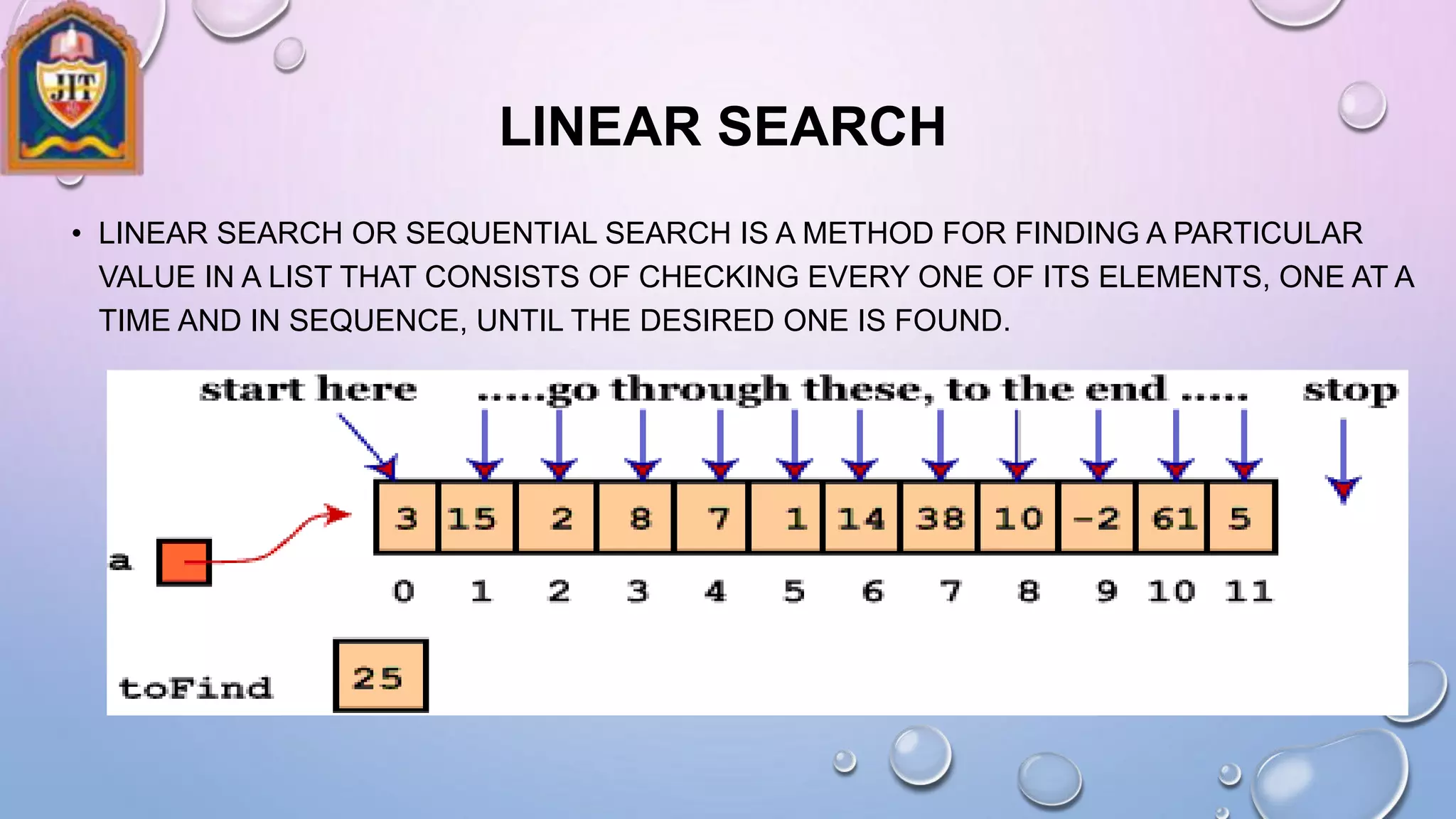 LINEAR SEARCH
• LINEAR SEARCH OR SEQUENTIAL SEARCH IS A METHOD FOR FINDING A PARTICULAR
VALUE IN A LIST THAT CONSISTS OF CHECKING EVERY ONE OF ITS ELEMENTS, ONE AT A
TIME AND IN SEQUENCE, UNTIL THE DESIRED ONE IS FOUND.
 