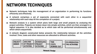 NETWORK TECHNIQUES
■ Network techniques help the management of an organization in performing its functions
efficiently and effectively.
■ A network comprises a set of exponents connected with each other in a sequential
relationship with each step till the completion of a project.
■ Network analysis is a system which plans both large and small projects by analysing the
project activities. Projects are broken down into simple activities, which are then arranged in a
logical sequence. It is also decided as to which task will be performed simultaneously and
which others sequentially
■ A network diagram constructed below presents the relationship between all the activities
involved .Time, costs and other resources are allocated to different activities.
 