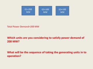 G1=200
MW
G2=100
MW
G3=100
MW
Total Power Demand=200 MW
Which units are you considering to satisfy power demand of
200 MW?
What will be the sequence of taking the generating units in to
operation?
 