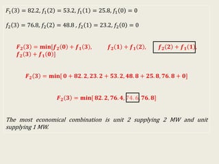 𝐹1 3 = 82.2, 𝑓1 2 = 53.2, 𝑓1 1 = 25.8, 𝑓1 0 = 0
𝑓2 3 = 76.8, 𝑓2 2 = 48.8 , 𝑓2 1 = 23.2, 𝑓2 0 = 0
𝑭 𝟐 𝟑 = 𝐦𝐢𝐧[𝒇 𝟐 𝟎 + 𝒇 𝟏 𝟑 , 𝒇 𝟐 𝟏 + 𝒇 𝟏 𝟐 , 𝒇 𝟐 𝟐 + 𝒇 𝟏 𝟏 ,
𝒇 𝟐 𝟑 + 𝒇 𝟏 𝟎 ]
𝑭 𝟐 𝟑 = 𝐦𝐢𝐧[ 𝟎 + 𝟖𝟐. 𝟐, 𝟐𝟑. 𝟐 + 𝟓𝟑. 𝟐, 𝟒𝟖. 𝟖 + 𝟐𝟓. 𝟖, 𝟕𝟔. 𝟖 + 𝟎]
𝑭 𝟐 𝟑 = 𝐦𝐢𝐧[ 𝟖𝟐. 𝟐, 𝟕𝟔. 𝟒, 𝟕𝟒. 𝟔, 𝟕𝟔. 𝟖]
The most economical combination is unit 2 supplying 2 MW and unit
supplying 1 MW.
 