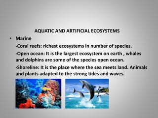 AQUATIC AND ARTIFICIAL ECOSYSTEMS
• Marine
-Coral reefs: richest ecosystems in number of species.
-Open ocean: It is the largest ecosystem on earth , whales
and dolphins are some of the species open ocean.
-Shoreline: It is the place where the sea meets land. Animals
and plants adapted to the strong tides and waves.
 