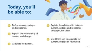 Define current, voltage
and resistance.
Today, you’ll
be able to:
Explain the relationship of
current and charge.
Calculate for current.
Explain the relationship between
current, voltage and resistance
through Ohm’s law.
Use Ohm’s law to calculate for
current, voltage or resistance.
5
 
