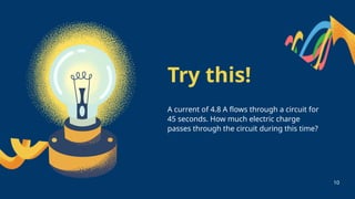 Try this!
A current of 4.8 A flows through a circuit for
45 seconds. How much electric charge
passes through the circuit during this time?
10
 