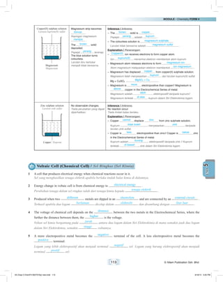MODULE • Chemistry FORM 4
113 © Nilam Publication Sdn. Bhd.
5UNIT
Magnesium
Magnesium
Copper(II) sulphate solution
Larutan kuprum(II) sulfat
Magnesium strip becomes
thinner .
Kepingan magnesium
menipis .
The brown solid
deposited.
Pepejal perang terenap.
The blue solution turns
colourless.
Larutan biru bertukar
menjadi tidak berwarna.
Inference / Inferens:
–	The brown solid is copper .
	 Pepejal perang adalah kuprum .
–	The colourless solution is magnesium sulphate .
	 Larutan tidak berwarna adalah magnesium sulfat .
Explanation / Penerangan:
–	 Copper(II) ion receives electrons to form copper atom.
	 Ion kuprum(II) menerima elektron membentuk atom kuprum.
–	Magnesium atom releases electrons to form magnesium ion .
	 Atom magnesium melepaskan elektron membentuk ion magnesium .
–	Magnesium has displaced copper from copper(II) sulphate solution.
	 Magnesium telah menyesarkan kuprum dari larutan kuprum(II) sulfat.
	 Mg + CuSO4
MgSO4 + Cu .
–	Magnesium is more electropositive than copper// Magnesium is
above copper in the Electrochemical Series of metal.
	 Magnesium adalah lebih elektropositif daripada kuprum//
Magnesium terletak di atas kuprum dalam Siri Elektrokimia logam.
Copper / Kuprum
Zinc sulphate solution
Larutan zink sulfat
No observable changes.
Tiada perubahan yang dapat
diperhatikan.
Inference / Inferens:
No reaction occur.
Tiada tindak balas berlaku.
Explanation / Penerangan:
–	Copper cannot displace zinc from zinc sulphate solution.
	 Kuprum tidak boleh menyesarkan zink daripada
larutan zink sulfat.
–	Copper is less electropositive than zinc// Copper is below zinc
in the Electrochemical Series of metal.
	 Kuprum adalah kurang elektropositif daripada zink // Kuprum
terletak di bawah zink dalam Siri Elektrokimia logam.
Voltaic Cell (Chemical Cell) / Sel Ringkas (Sel Kimia)
1	 A cell that produces electrical energy when chemical reactions occur in it.
	 Sel yang menghasilkan tenaga elektrik apabila berlaku tindak balas kimia di dalamnya.
2	 Energy change in voltaic cell is from chemical energy to electrical energy .
	 Perubahan tenaga dalam sel ringkas ialah dari tenaga kimia kepada tenaga elektrik .
3	 Produced when two different metals are dipped in an electrolyte and are connected by an external circuit .
	 Terhasil apabila dua logam berlainan dicelup dalam elektrolit dan disambung dengan litar luar .
4	 The voltage of chemical cell depends on the distance between the two metals in the Electrochemical Series, where the
further the distance between them, the higher is the voltage.
	 Voltan sel kimia bergantung pada jarak antara dua logam dalam Siri Elektrokimia di mana semakin jauh dua logam
dalam Siri Elektrokimia, semakin tinggi voltannya.
5	 A more electropositive metal becomes the negative terminal of the cell. A less electropositive metal becomes the
positive terminal:
	 Logam yang lebih elektropositif akan menjadi terminal negatif sel. Logam yang kurang elektropositif akan menjadi
terminal positif sel:	
05 Chap 5 ChemF4 Bil(FSY5p) new.indd 113 9/18/15 5:05 PM
 