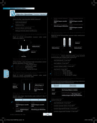 MODULE • Chemistry FORM 4
© Nilam Publication Sdn. Bhd. 120
5UNIT
1	 Which of the following is an electrolyte?
	 Antara berikut, yang manakah adalah elektrolit?
	 	A	 Glacial ethanoic acid
Asid etanoik glasial
	 	B	 Molten naphthalene
Naftalena lebur
	 3	C	 Aqueous solution of zinc chloride
Larutan akueus zink klorida
	 	D	 Hydrogen chloride in methylbenzene
Hidrogen klorida dalam metilbenzena
	
2	 The diagram below shows the set-up of apparatus used to
electrolyse substance X.
	 Rajah di bawah menunjukkan susunan radas untuk
elektrolisis bahan X.
	
Carbon electrodes
Elektrod karbon
Substance X
Bahan X
Heat
Panaskan
	 Which of the following compounds can light up the bulb
when used as substance X?
	 Antara berikut, yang manakah boleh menyalakan mentol
apabila digunakan sebagai bahan X?
	 	A	 Copper(II) nitrate / Kuprum(II) nitrat
	 3	B	 Lead(II) iodide / Plumbum(II) iodida
	 	C	 Zinc carbonate / Zink karbonat
	 	D	 Sodium carbonate / Natrium karbonat
3	 The diagram below shows the set-up of apparatus for
electrolysis of copper(II) sulphate solution.
	 Rajah di bawah menunjukkan susunan radas untuk
elektrolisis larutan kuprum(II) sulfat.
	
	 	
Copper
electrode X
Elektrod
kuprum X
Copper electrode Y
Elektrod kuprum Y
Copper(II) sulphate
solution
Larutan kuprum(II)
sulfat
	 What can be observed at the electrodes X and Y after
30 minutes?
	 Apakah yang dapat diperhatikan pada elektrod X dan Y
selepas 30 minit?
X Y
3 A Copper electrode becomes
thinner
Elektrod kuprum semakin
nipis
Copper electrode becomes
thicker
Elektrod kuprum semakin
tebal
B Copper electrode becomes
thinner / Elektrod kuprum
semakin nipis
Gas bubbles are released
Gelembung gas dibebaskan
C Copper electrode becomes
thicker
Elektrod kuprum semakin
tebal
Copper electrode becomes
thinner
Elektrod kuprum semakin
nipis
D Gas bubbles are released
Gelembung gas dibebaskan
Copper electrode becomes
thicker
Elektrod kuprum semakin
tebal
4	 The diagram below shows the set-up of apparatus of an
electrolysis process.
	 Rajah di bawah menunjukkan susunan radas untuk proses
elektrolisis.
	 	
Carbon electrode
Elektrod karbon
Carbon electrode
Elektrod karbon
Electrolyte
Elektrolit
P Q
	 Which of the following electrolytes produce oxygen gas
at electrode Q / Antara elektrolit berikut, yang manakah
membebaskan gas oksigen pada elektrod Q?
I	 1.0 mol dm–3
hydrochloric acid
	 Asid hidroklorik 1.0 mol dm–3
II	 1.0 mol dm–3
sulphuric acid
	 Asid sulfurik 1.0 mol dm–3
III	 1.0 mol dm–3
potassium iodide solution
	 Larutan kalium iodida 1.0 mol dm–3
	
IV	 1.0 mol dm–3
nitric acid
	 Asid nitrik 1.0 mol dm–3
	 	A	 I and II only / I dan II sahaja
	 	B	 II and III only / II dan III sahaja
	 3	C	 II and IV only / II dan IV sahaja
	 	D	 II, III and IV only / II, III dan IV sahaja
5	 The table below shows the observation of electrolysis of a
substance Q using carbon electrode.
	 Jadualdibawahmenunjukkanpemerhatianbagielektrolisis
bahan Q menggunakan elektrod karbon.
Electrode
Elektrod
Observation
Pemerhatian
Anode
Anod
A greenish-yellow gas released
Gas kuning kehijauan terbebas
Cathode
Katod
A colorless gas which burns with a ‘pop’
sound is released / Gas tanpa warna
terbakar dengan bunyi ‘pop’ dibebaskan
	 What is substance Q?
	 Apakah bahan Q?
	 3	A	 1.0 mol dm–3
of hydrochloric acid
Asid hidroklorik 1.0 mol dm–3
	 	B		1.0 mol dm–3
of sodium nitrate solution
Larutan natrium nitrat 1.0 mol dm–3
	 	C		1.0 mol dm–3
of copper(II) chloride solution
Larutan kuprum(II) klorida 1.0 mol dm–3
	 	D		1.0 mol dm–3
of magnesium bromide solution
Larutan magnesium bromida 1.0 mol dm–3
Objective Questions / Soalan Objektif
05 Chap 5 ChemF4 Bil(FSY5p) new.indd 120 9/18/15 5:05 PM
 