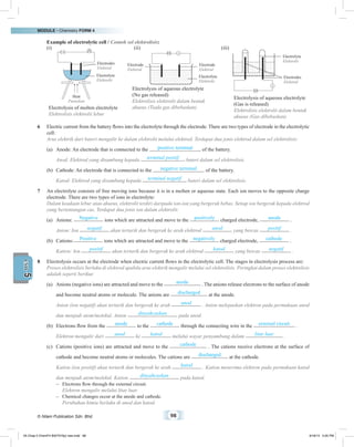 MODULE • Chemistry FORM 4
© Nilam Publication Sdn. Bhd. 98
5UNIT
	 Example of electrolytic cell / Contoh sel elektrolisis:
(i) (ii) (iii)
6	 Electric current from the battery flows into the electrolyte through the electrode. There are two types of electrode in the electrolytic
cell:
	 Arus elektrik dari bateri mengalir ke dalam elektrolit melalui elektrod. Terdapat dua jenis elektrod dalam sel elektrolisis:
(a)	 Anode: An electrode that is connected to the positive terminal of the battery.
	 Anod: Elektrod yang disambung kepada terminal positif bateri dalam sel elektrolisis.
(b)	 Cathode: An electrode that is connected to the negative terminal of the battery.
	 Katod: Elektrod yang disambung kepada terminal negatif bateri dalam sel elektrolisis.
7	 An electrolyte consists of free moving ions because it is in a molten or aqueous state. Each ion moves to the opposite charge
electrode. There are two types of ions in electrolyte:
	 Dalam keadaan lebur atau akueus, elektrolit terdiri daripada ion-ion yang bergerak bebas. Setiap ion bergerak kepada elektrod
yang bertentangan cas. Terdapat dua jenis ion dalam elektrolit:
(a)	Anions: Negative ions which are attracted and move to the positively charged electrode, anode .
	 Anion: Ion negatif akan tertarik dan bergerak ke arah elektrod anod yang bercas positif .
(b)	Cations: Positive ions which are attracted and move to the negatively charged electrode, cathode .
	 Kation: Ion positif akan tertarik dan bergerak ke arah elektrod katod yang bercas negatif .
8	 Electrolysis occurs at the electrode when electric current flows in the electrolytic cell. The stages in electrolysis process are:
	 Proses elektrolisis berlaku di elektrod apabila arus elektrik mengalir melalui sel elektrolisis. Peringkat dalam proses elektrolisis
adalah seperti berikut:
(a)	 Anions (negative ions) are attracted and move to the anode . The anions release electrons to the surface of anode
and become neutral atoms or molecule. The anions are discharged at the anode.
	 Anion (ion negatif) akan tertarik dan bergerak ke arah anod . Anion melepaskan elektron pada permukaan anod
dan menjadi atom/molekul. Anion dinyahcaskan pada anod.
(b)	 Electrons flow from the anode to the cathode through the connecting wire in the external circuit .
	 Elektron mengalir dari anod ke katod melalui wayar penyambung dalam litar luar .
(c)	 Cations (positive ions) are attracted and move to the cathode . The cations receive electrons at the surface of
cathode and become neutral atoms or molecules. The cations are discharged at the cathode.
	 Kation (ion positif) akan tertarik dan bergerak ke arah katod . Kation menerima elektron pada permukaan katod
dan menjadi atom/molekul. Kation dinyahcaskan pada katod.
–	 Electrons flow through the external circuit.
	 Elektron mengalir melalui litar luar.
–	 Chemical changes occur at the anode and cathode.
	 Perubahan kimia berlaku di anod dan katod.
Heat
Panaskan
A
A
Electrodes
Elektrod
Electrodes
Elektrod
Electrolyte
Elektrolit
Electrolyte
Elektrolit
Electrolyte
Elektrolit
Electrode
Elektrod
Electrode
Elektrod
Electrolysis of aqueous electrolyte
(Gas is released)
Elektrolisis elektrolit dalam bentuk
akueus (Gas dibebaskan)
Electrolysis of aqueous electrolyte
(No gas released)
Elektrolisis elektrolit dalam bentuk
akueus (Tiada gas dibebaskan)Electrolysis of molten electrolyte
Elektrolisis elektrolit lebur
05 Chap 5 ChemF4 Bil(FSY5p) new.indd 98 9/18/15 5:05 PM
 