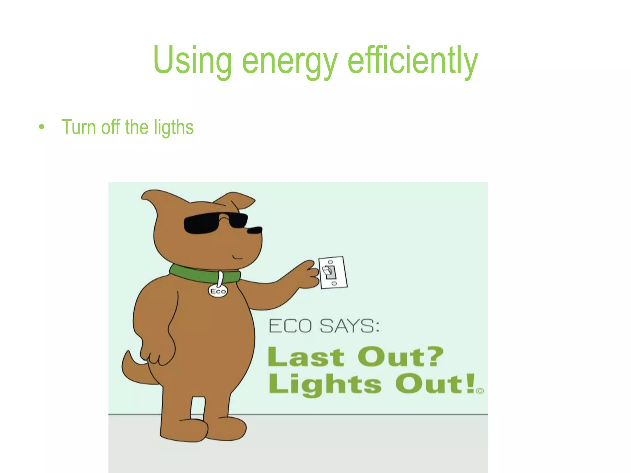 Using energy efficiently
• Turn off the ligths
 
