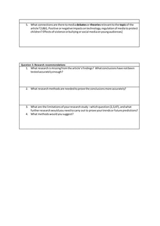 5. What connectionsare there tomedia debatesor theoriesrelevanttothe topicof the
article?[U&G, Positive ornegativeimpactsontechnology,regulationof mediatoprotect
children?Effectsof violence orbullyingorsocial mediaonyoungaudiences]
Question 5: Research recommendations
1. What researchismissingfromthe article’sfindings? Whatconclusionshave notbeen
testedaccuratelyenough?
2. What researchmethodsare neededtoprove the conclusionsmore accurately?
3. What are the limitationsof yourresearchstudy –whichquestion(2,3,4?),andwhat
furtherresearchwouldyou needtocarry out to prove yourtrendsor future predictions?
4. What methodswouldyousuggest?
 