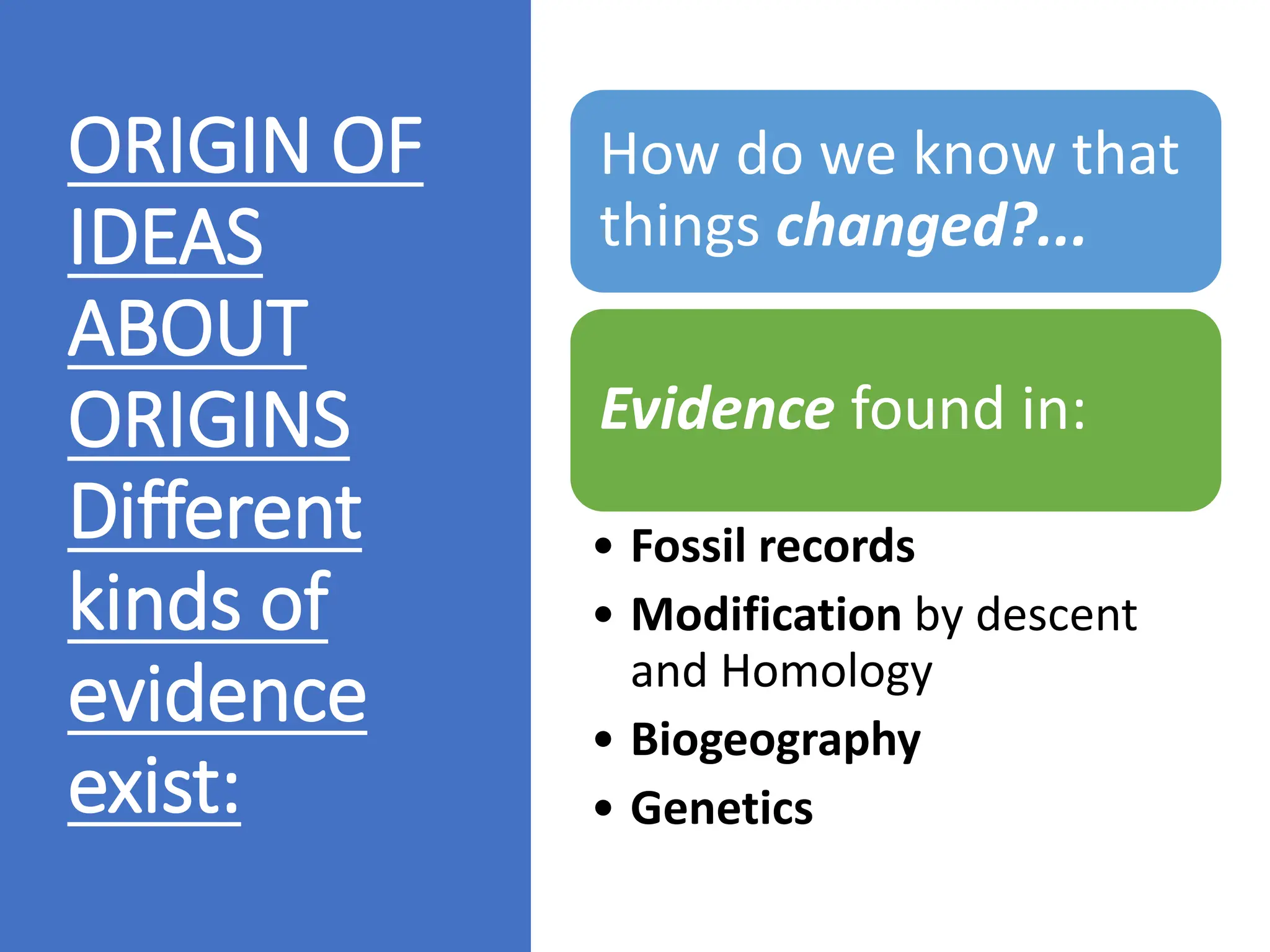 ORIGIN OF
IDEAS
ABOUT
ORIGINS
Different
kinds of
evidence
exist:
How do we know that
things changed?...
Evidence found in:
• Fossil records
• Modification by descent
and Homology
• Biogeography
• Genetics
 