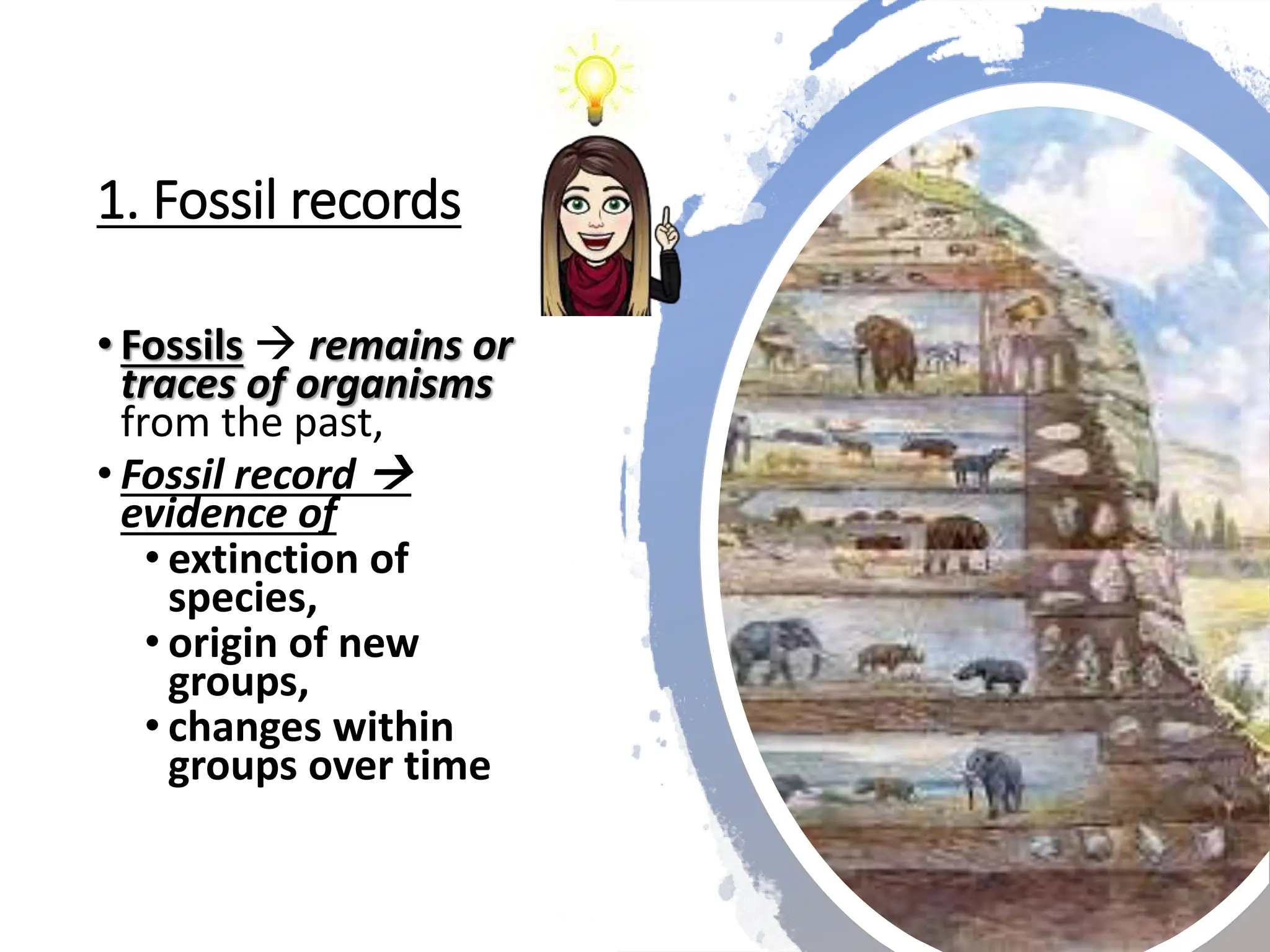 1. Fossil records
• Fossils  remains or
traces of organisms
from the past,
• Fossil record 
evidence of
• extinction of
species,
• origin of new
groups,
• changes within
groups over time
 