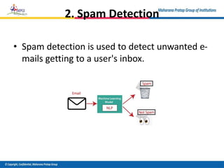 2. Spam Detection
• Spam detection is used to detect unwanted e-
mails getting to a user's inbox.
 