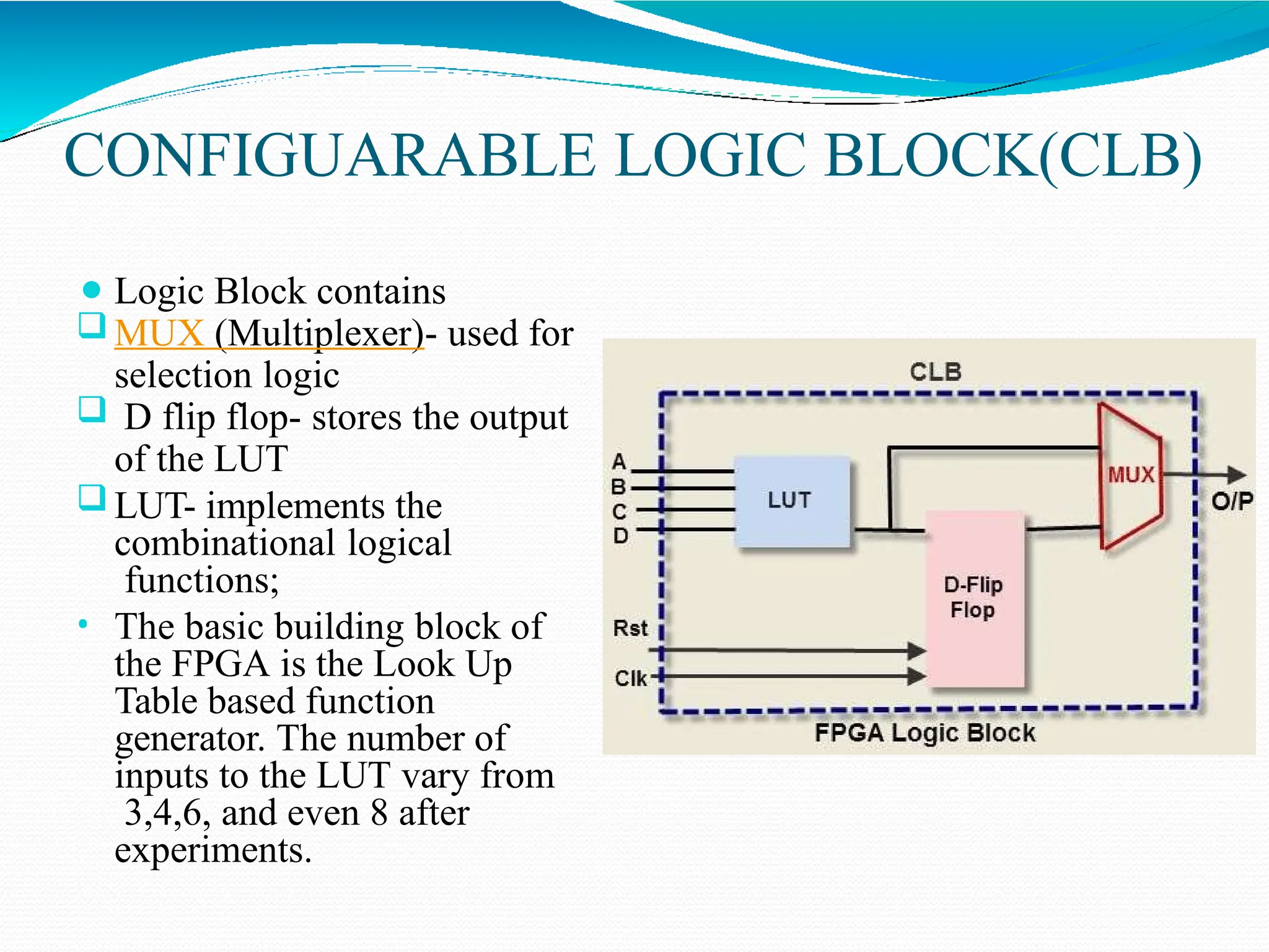 CONFIGUARABLE LOGIC BLOCK(CLB)
⚫ Logic Block contains
 MUX (Multiplexer)- used for
selection logic
 D flip flop- stores the output
of the LUT
 LUT- implements the
combinational logical
functions;
• The basic building block of
the FPGA is the Look Up
Table based function
generator. The number of
inputs to the LUT vary from
3,4,6, and even 8 after
experiments.
 