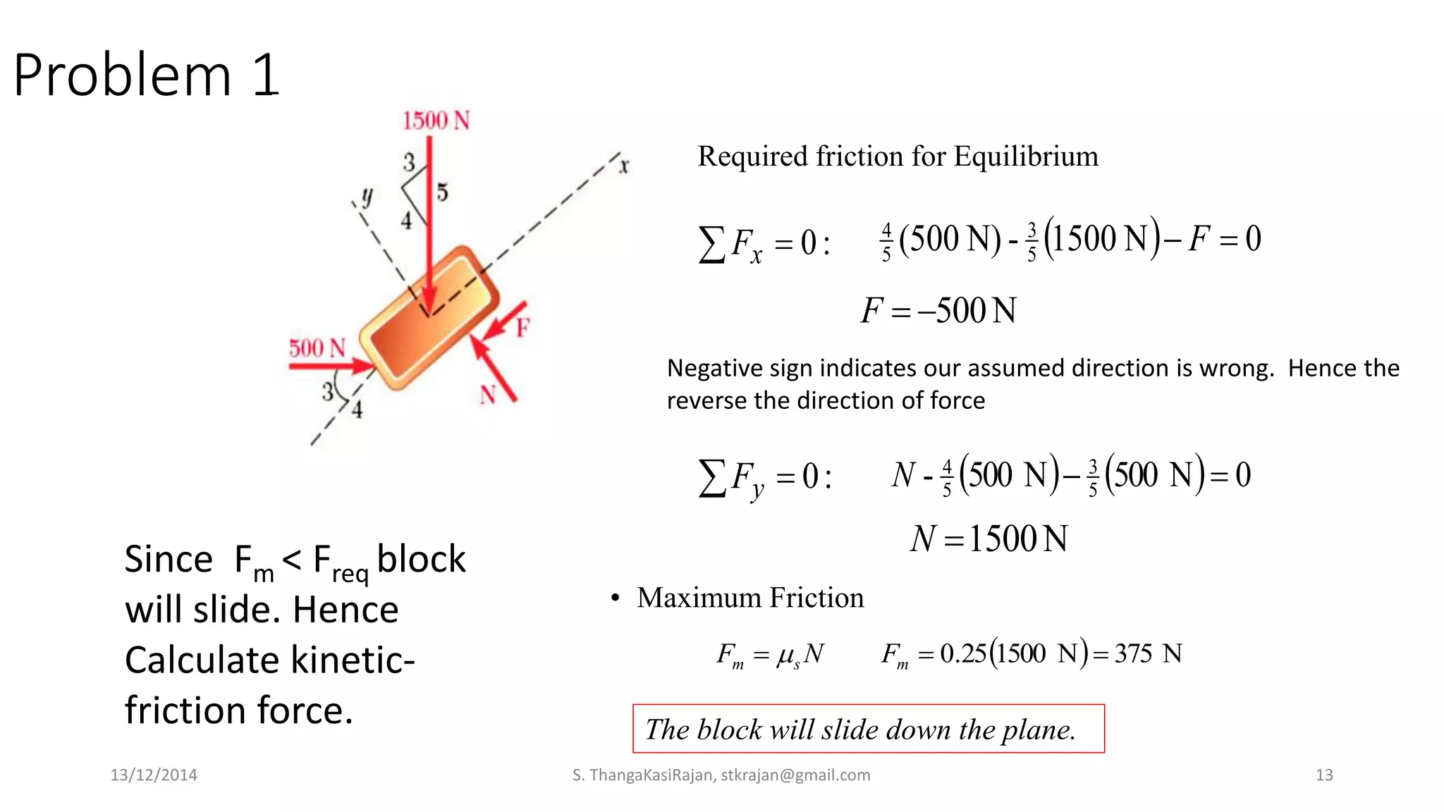 Problem 1
• Maximum Friction
  N375N150025.0  msm FNF 
The block will slide down the plane.
Required friction for Equilibrium
:0 xF   0N1500-N)500( 5
3
5
4
 F
N500F
:0 yF     0N500N500- 5
3
5
4
N
N1500N
Since Fm < Freq block
will slide. Hence
Calculate kinetic-
friction force.
Negative sign indicates our assumed direction is wrong. Hence the
reverse the direction of force
13/12/2014 S. ThangaKasiRajan, stkrajan@gmail.com 13
 